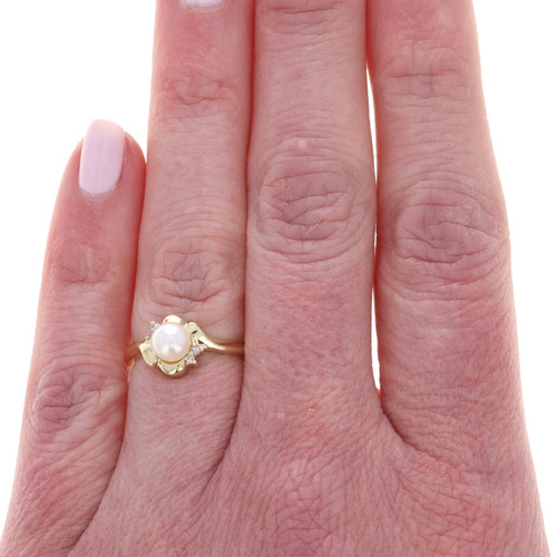 Yellow Gold Cultured Pearl Diamond Bypass Ring - 10k Bead